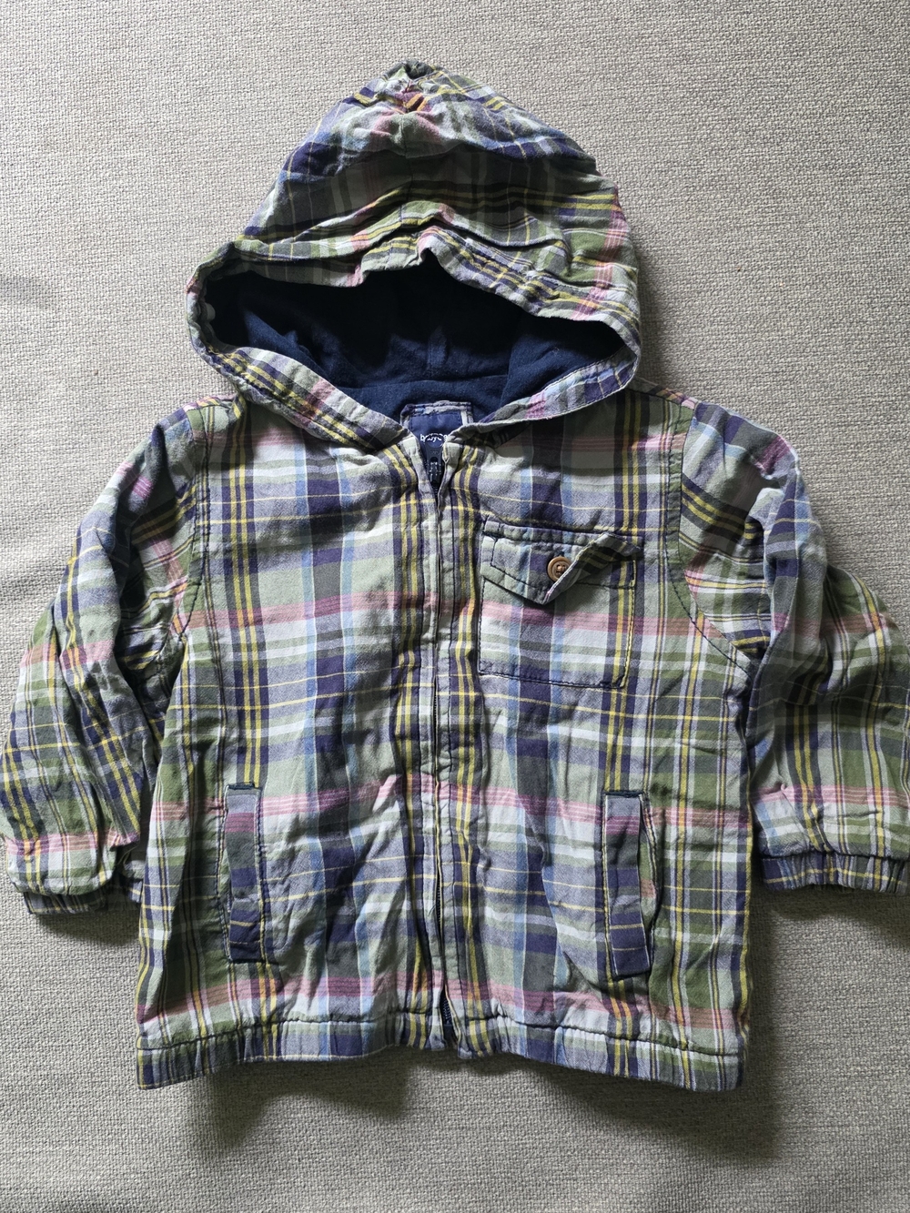 GAP Plaid Hooded Shirt Jacket in Navy, Green & Pink